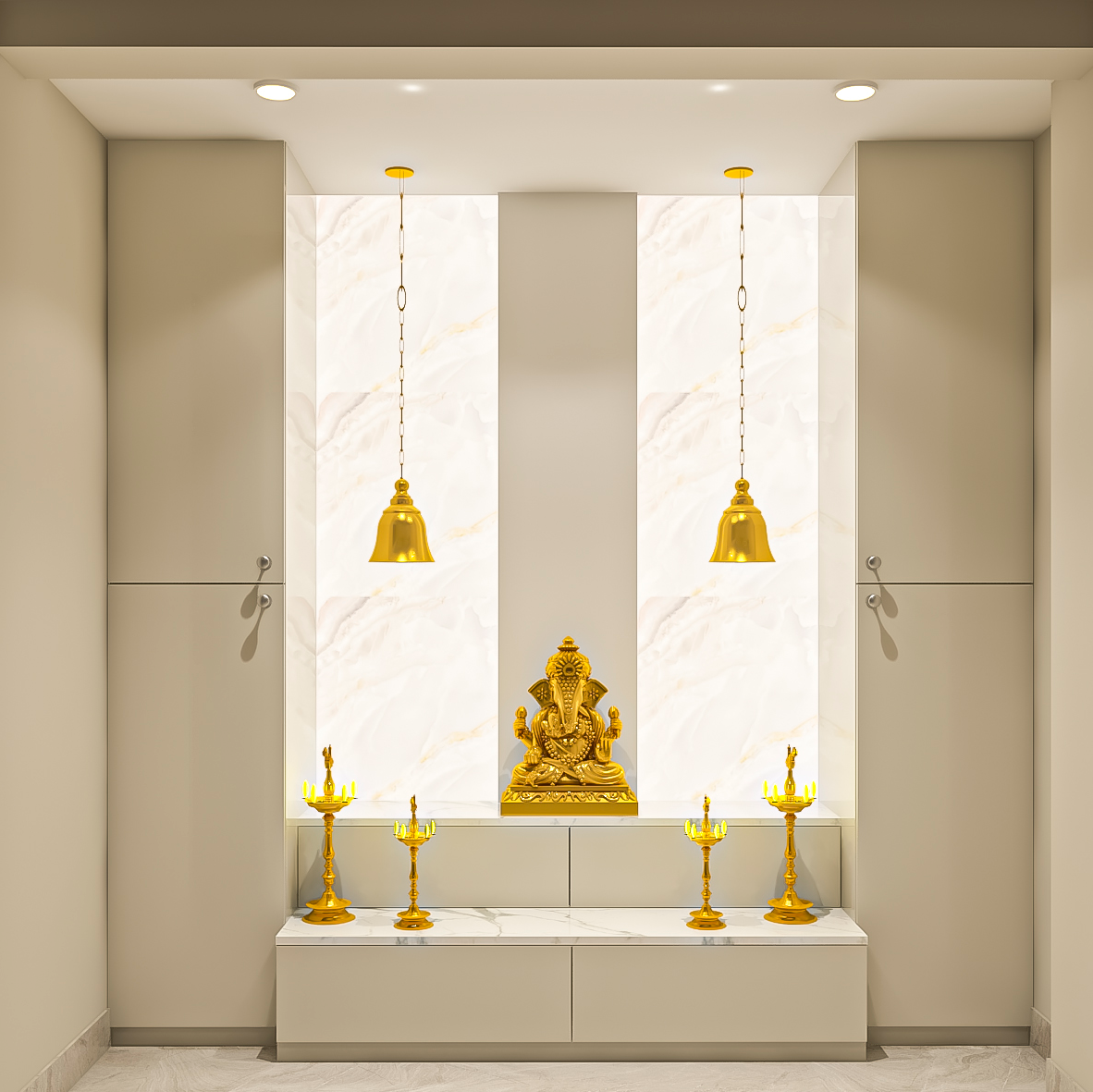 Open Modern Pooja Room Design With Golden Idol