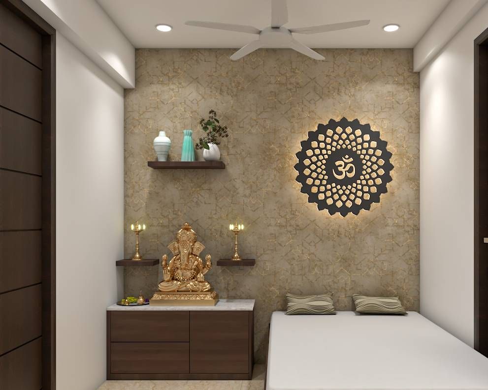 Contemporary Pooja Room With Beige Finished Wallpaper | Livspace