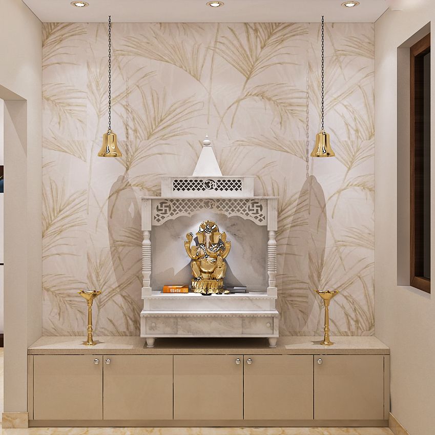 Modern Pooja Unit Design With White Pooja Mandir And Aesthetic Wallpaper |  Livspace