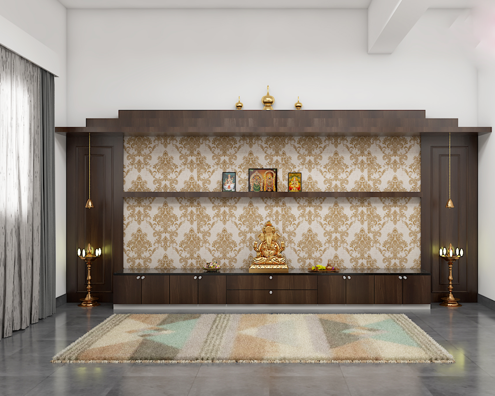 Modern Themed Pooja Room Design With Patterned Wallpaper