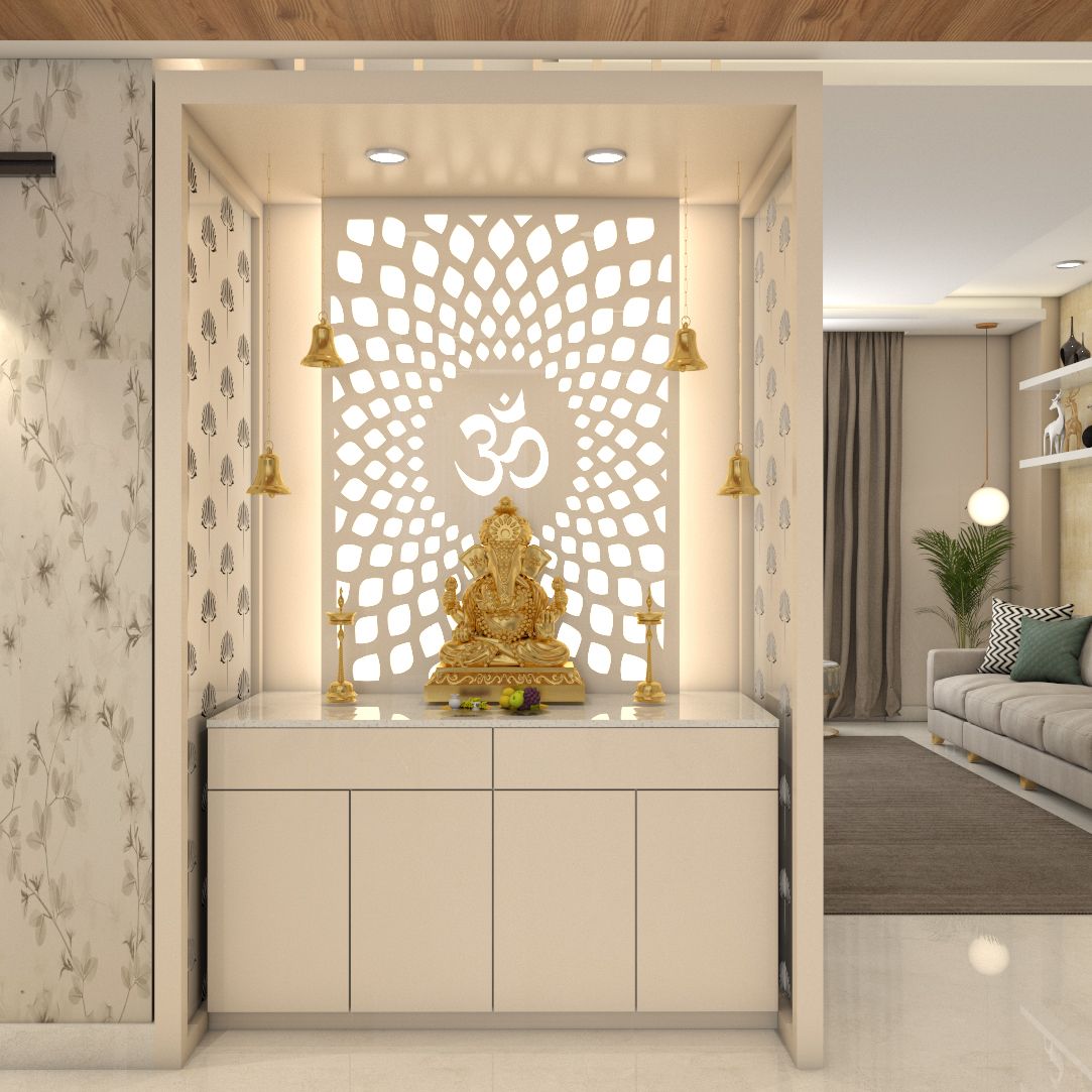 Compact White Pooja Room Design With Patterned Jali Livspace