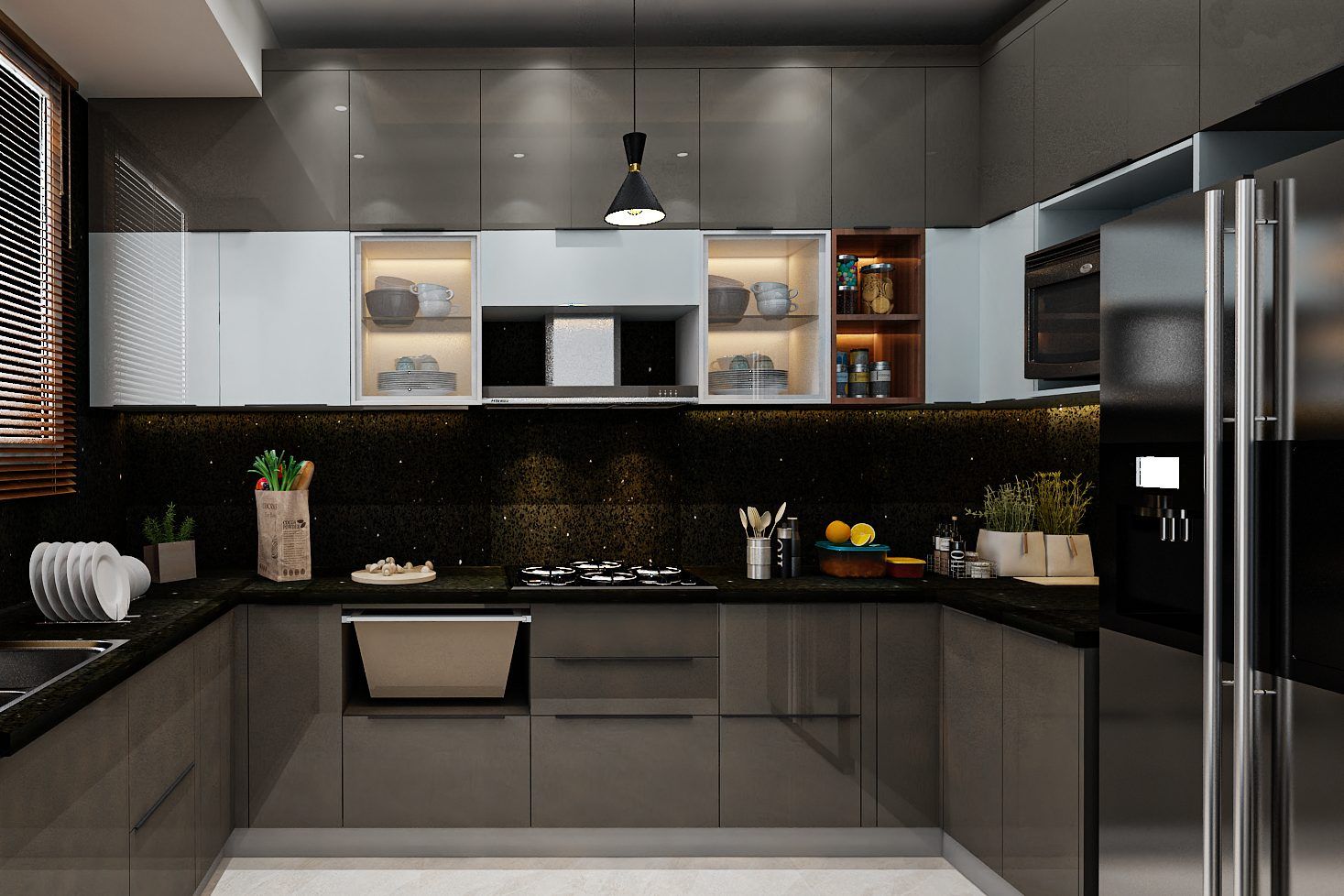 Modern U-Shaped Dark-Shaded Modular Kitchen Design