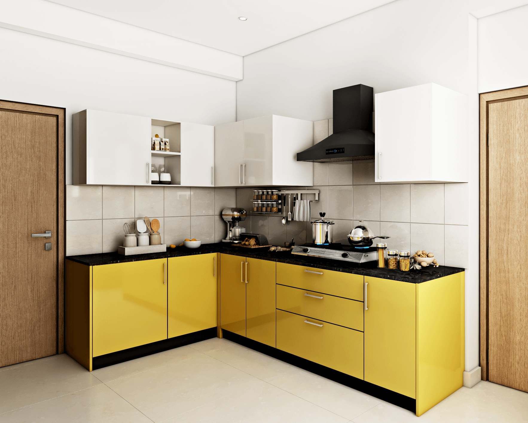Modern L-Shaped Yellow Modular Kitchen Design