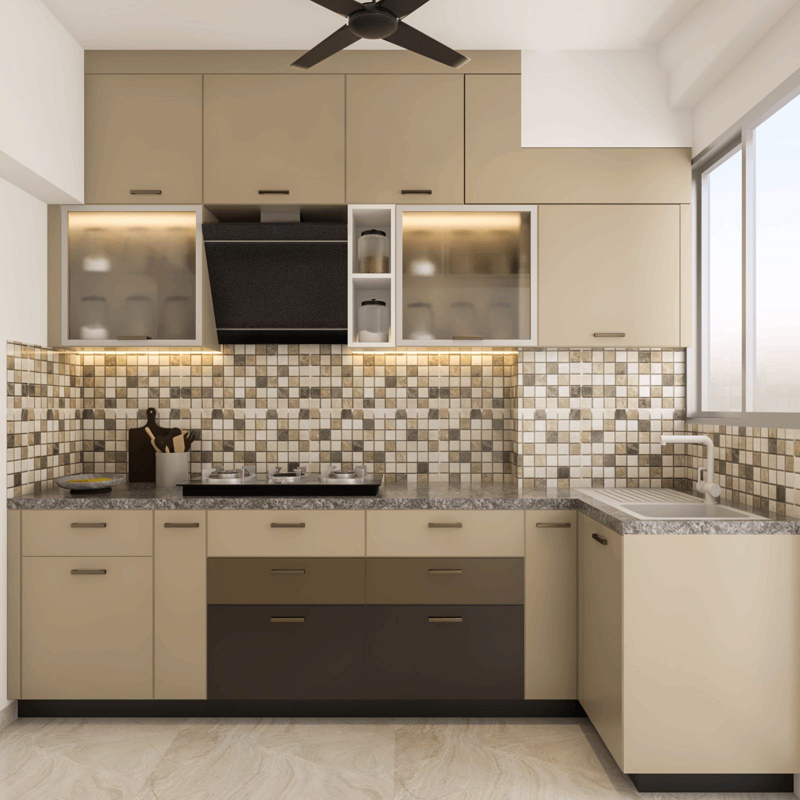 Beige And Brown Modern L-Shaped Modular Kitchen Design