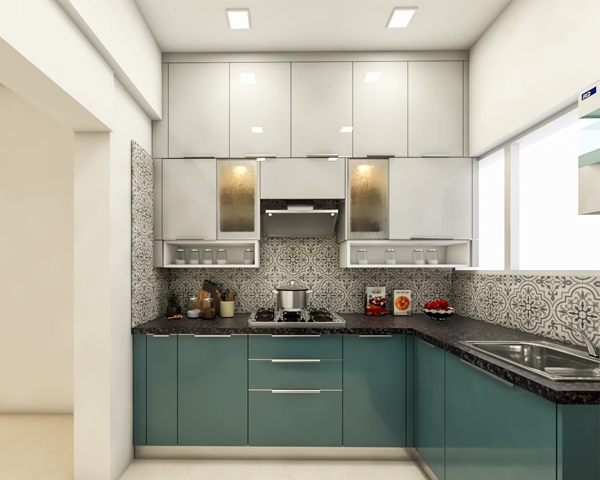 Modern Green And Beige L-Shaped Kitchen Design