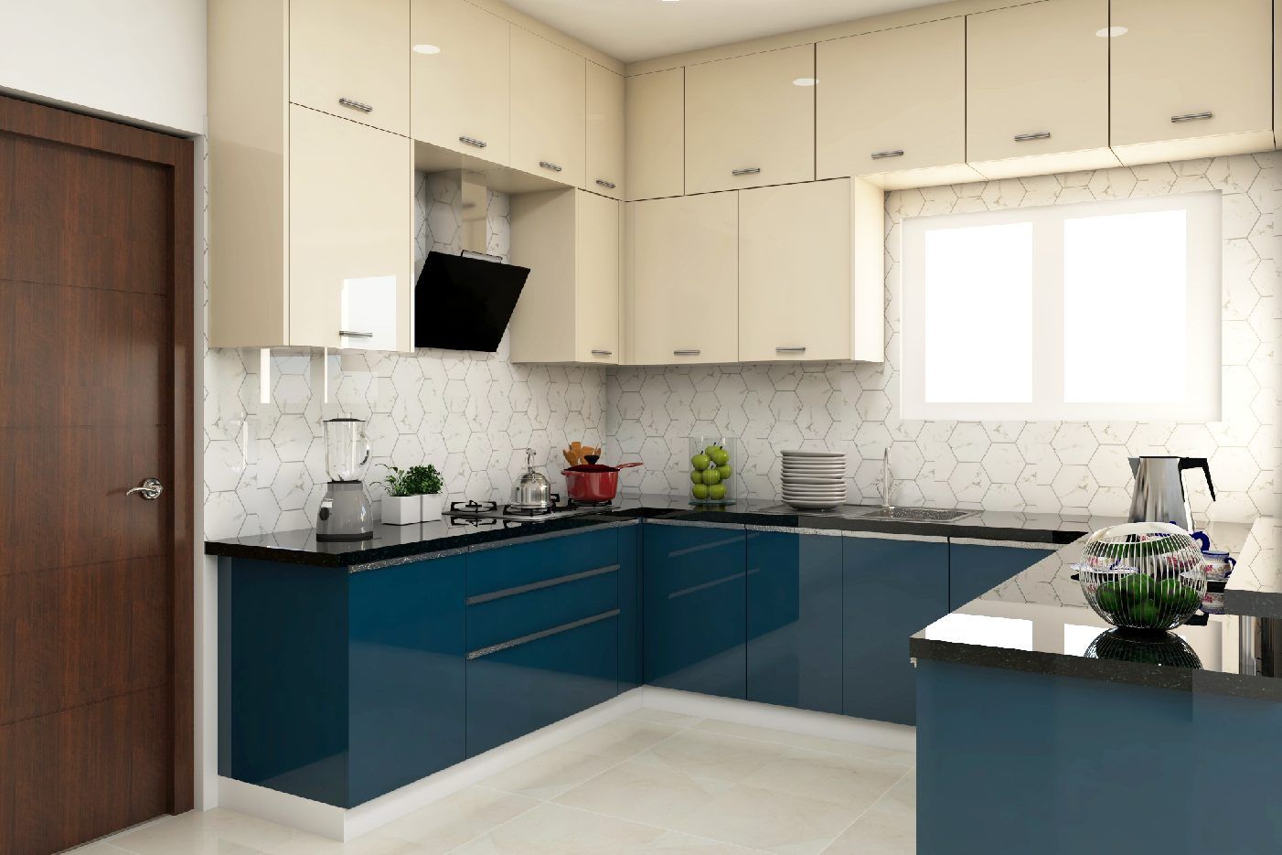 Spacious Low Maintenance Kitchen Design In Beige And Blue