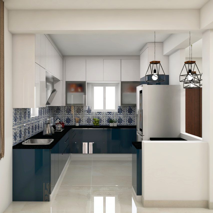 Modern U-Shaped Blue Modular Kitchen Design