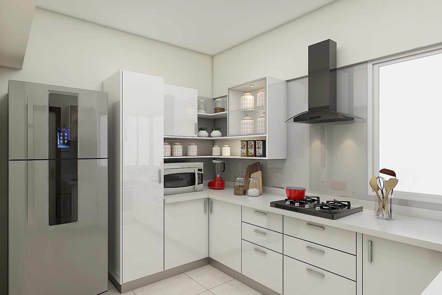 Contemporary L-Shaped Modular Kitchen Design With Frosty White Cabinets
