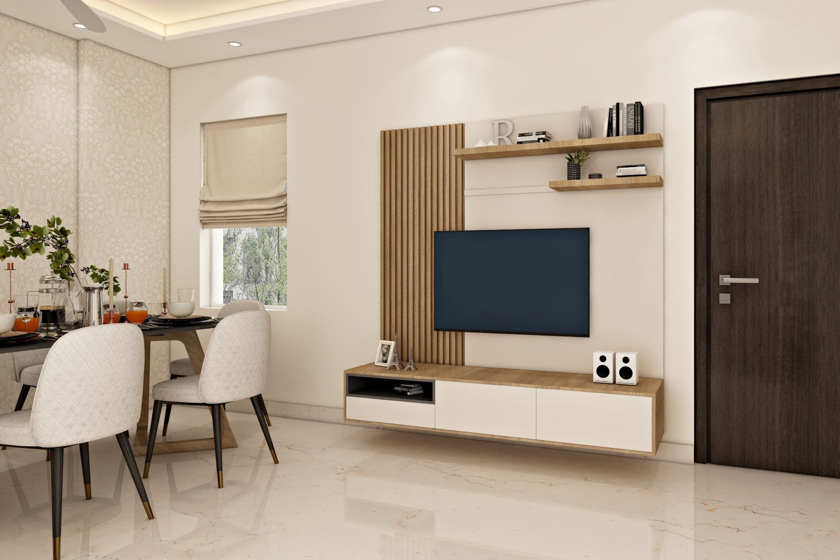 Contemporary TV Unit Design Idea With Open Racks Livspace
