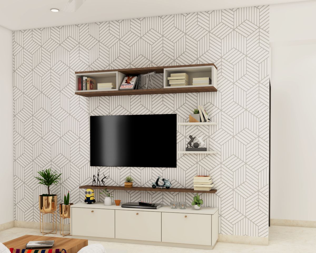 Premium Photo  Tv room with modern wooden tv unit design concept with  wallpaper 3d rendering