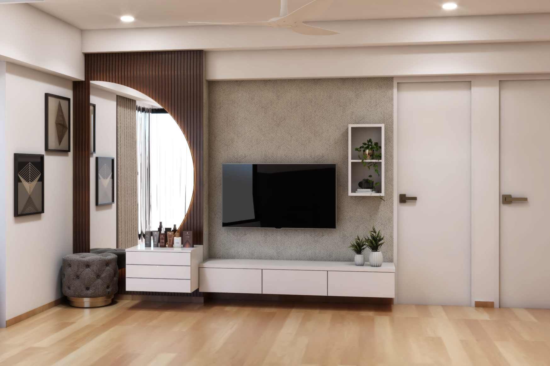 White Modern TV Unit Design With Shelves Livspace