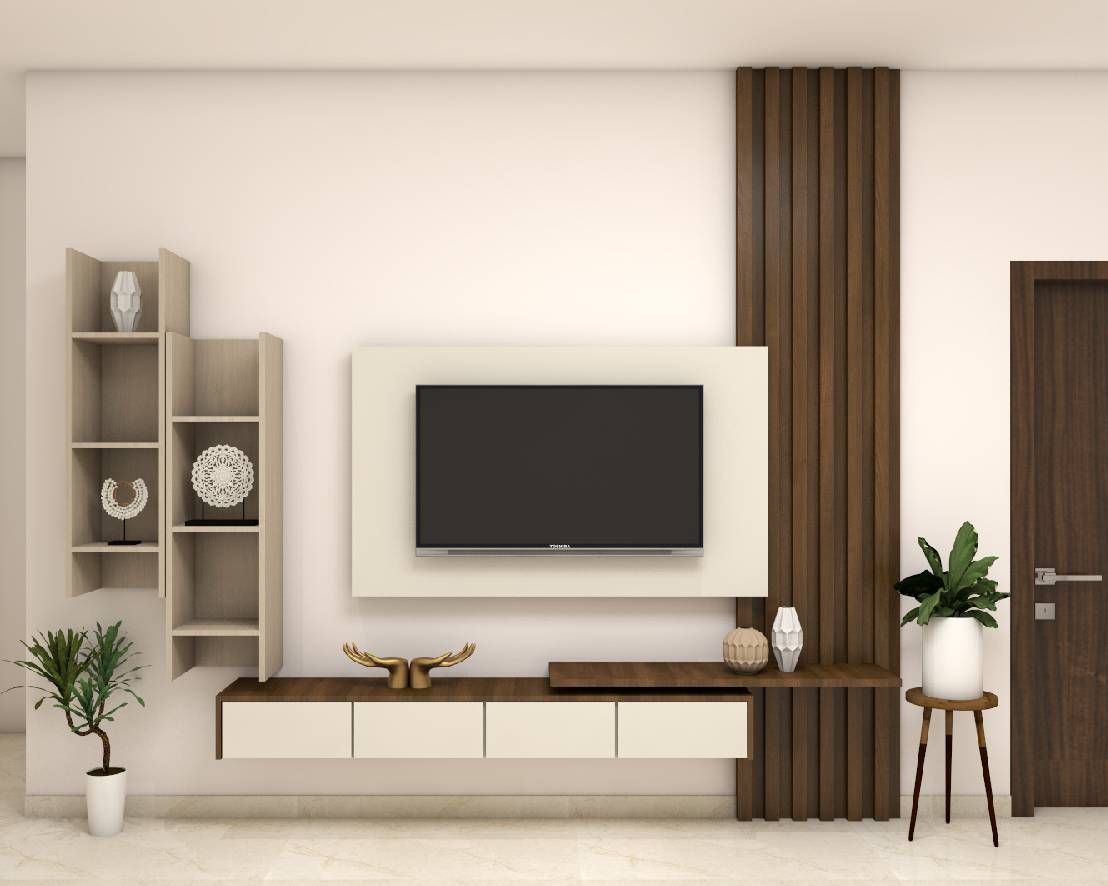 Compact TV Unit Design With Wooden Back Panel | Livspace