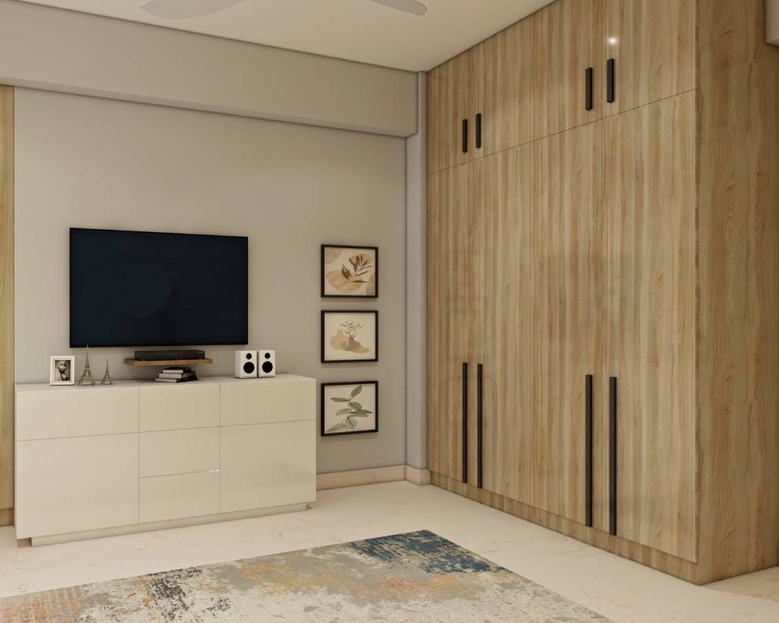 Contemporary Compact Wardrobe Design With Creamy White Laminate Livspace