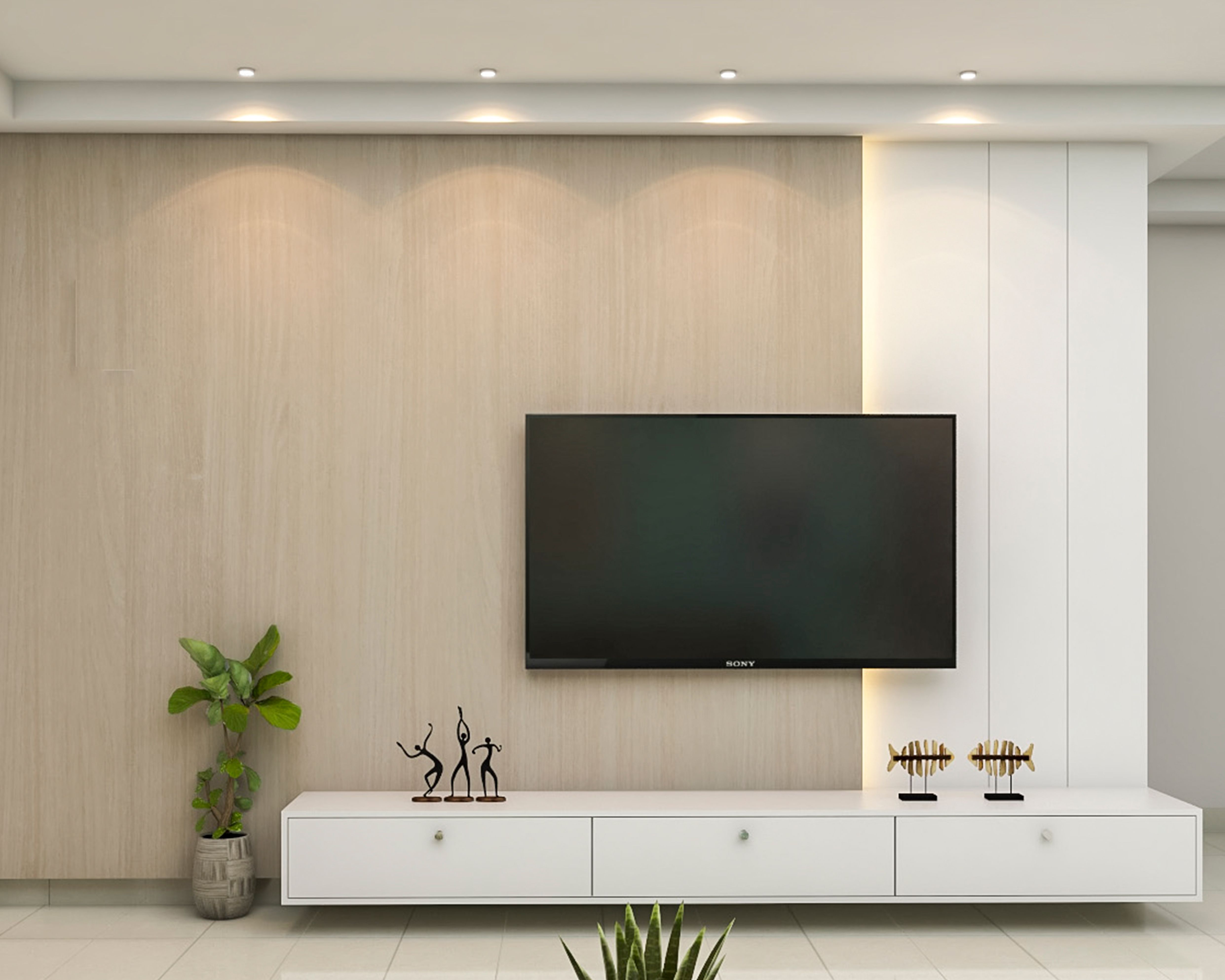 Modern TV Unit Design With Earthy Palette And White Console Unit Livspace