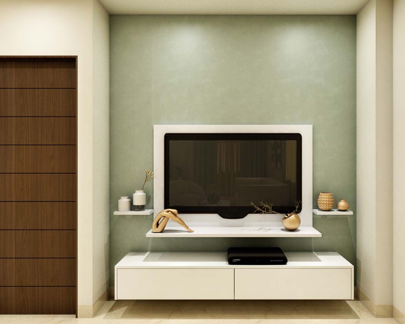 Modern TV Unit Design With Pastel Green And White Shades