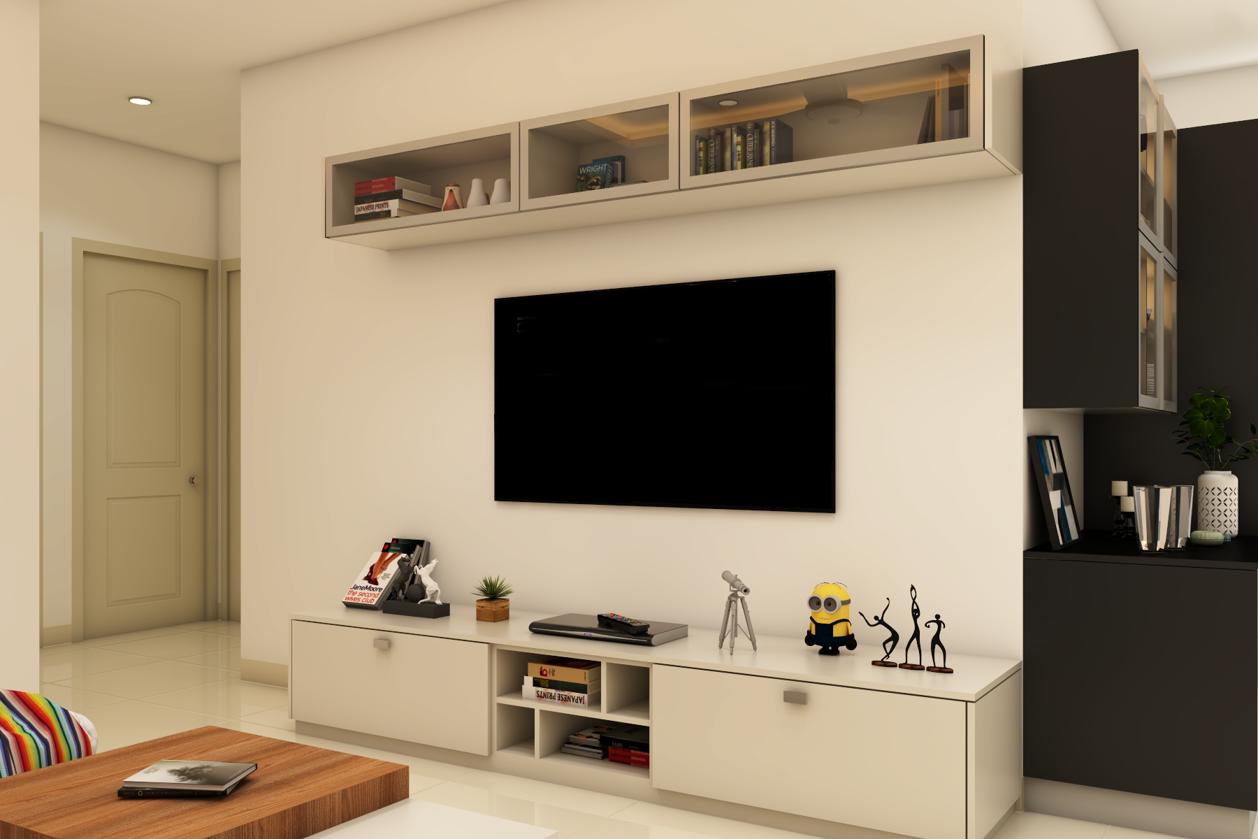 Spacious TV Unit Design With White Console Storage Livspace