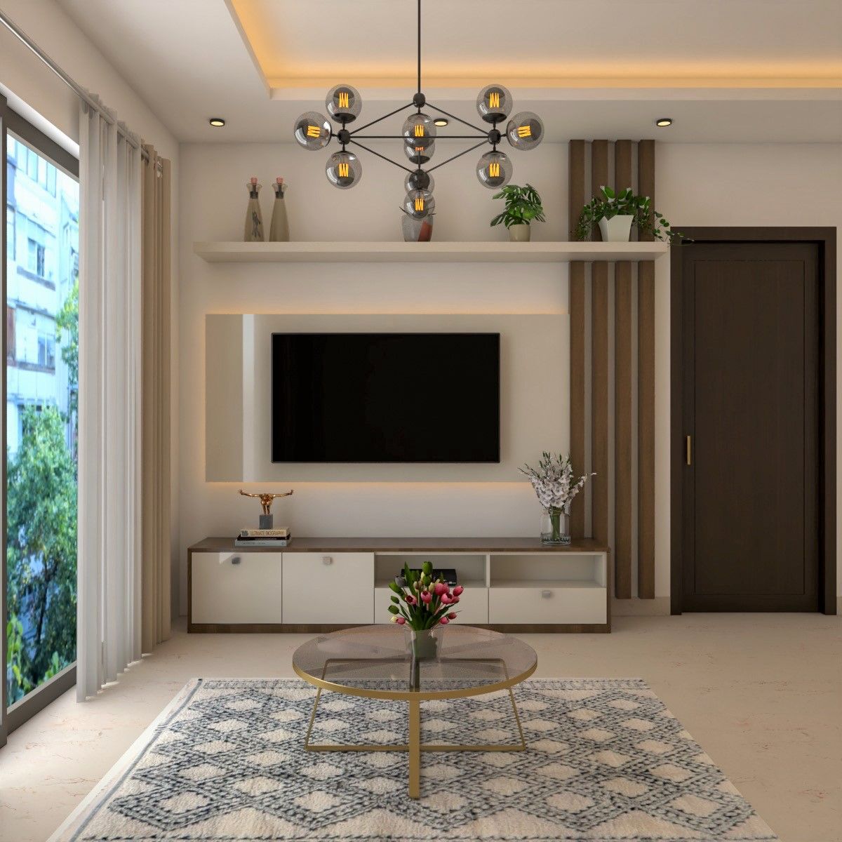 Modern TV Unit Design with Floating Ledge and Large Pendant Light