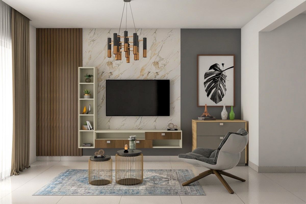 Modern TV Unit Design with Fluted Panels and Marble Backdrop