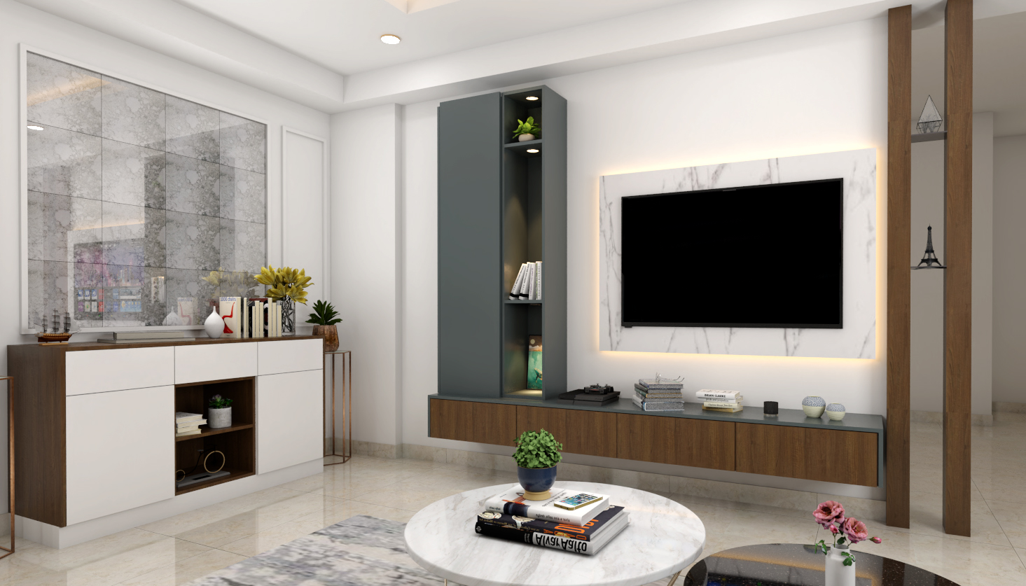 Spacious TV Unit Design With Marble Panel And Wooden Storage Unit ...