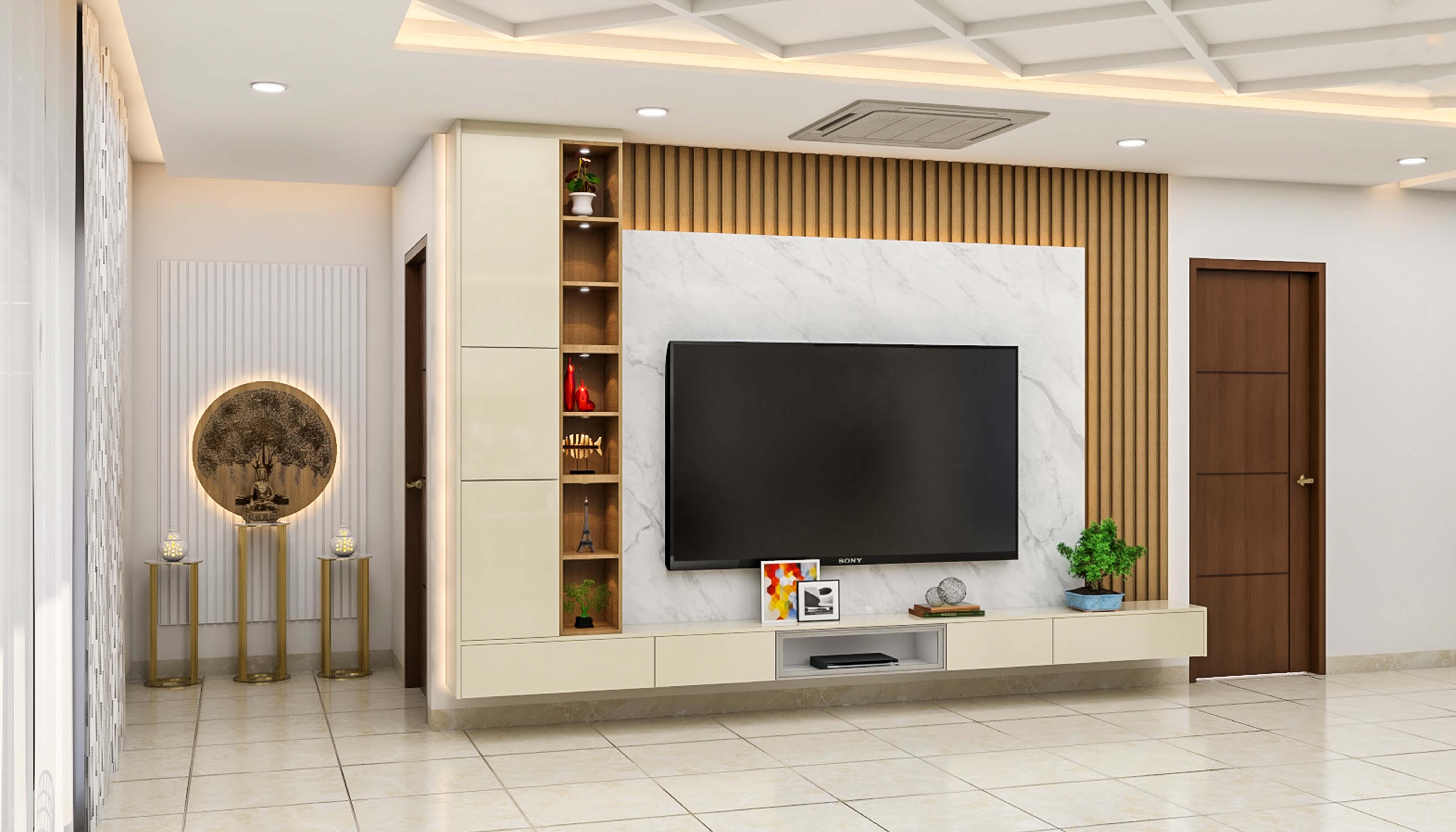 Contemporary TV Unit Design With Marble Panel And Wooden Rafters | Livspace