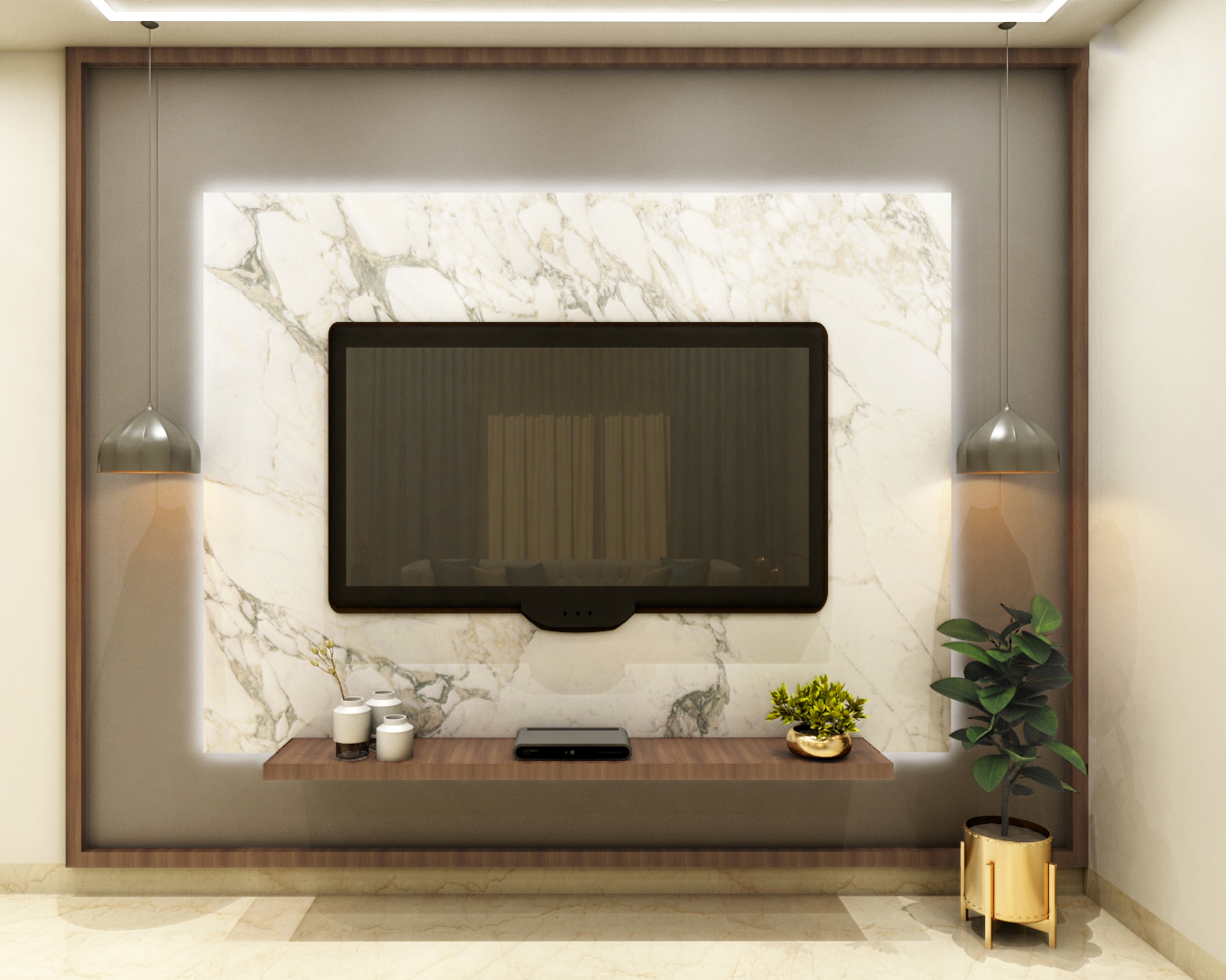Contemporary TV Unit Design With Marble and Grey Tiles