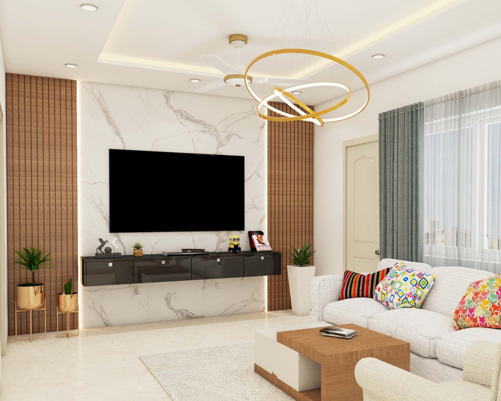 Contemporary TV Unit Design with Marble Wall Panel and Pendant Lights