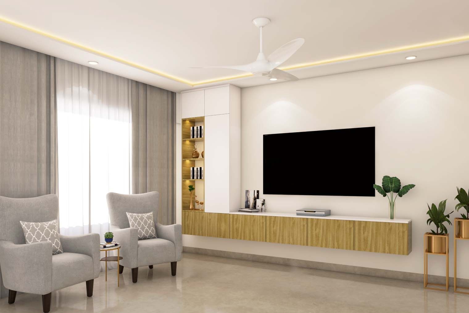 Contemporary TV Unit Design With Light-Coloured Accent Chairs