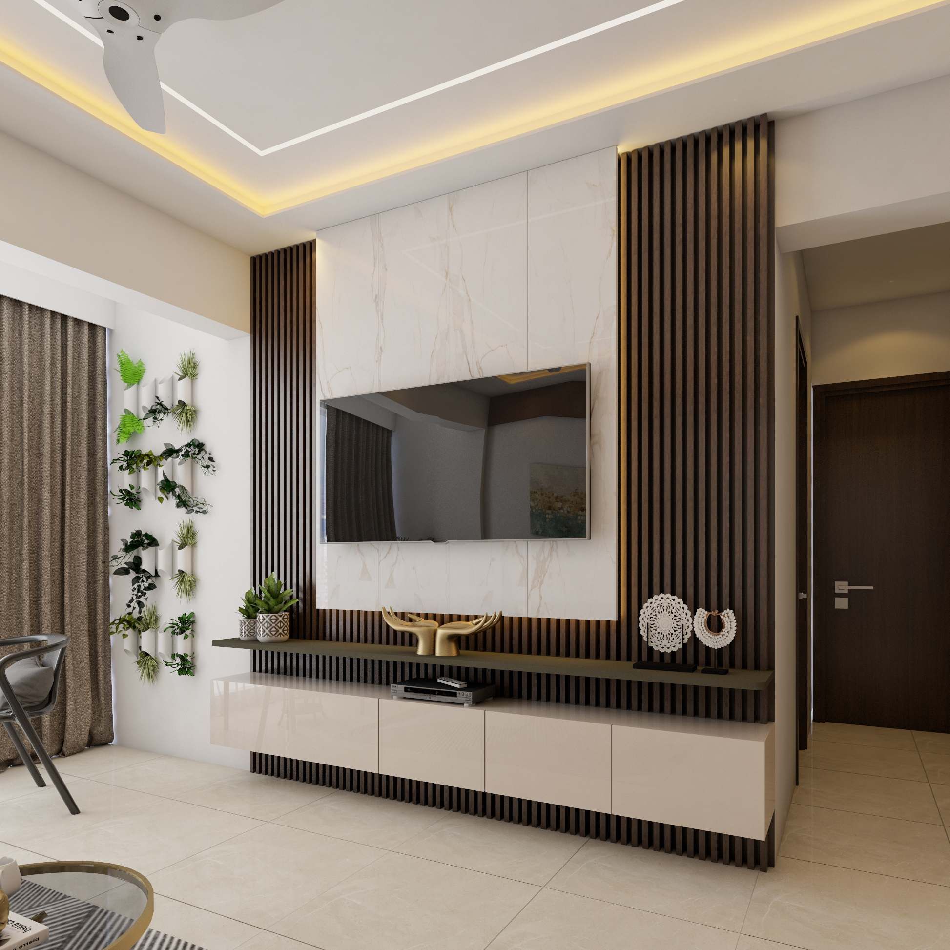 Modern TV Unit Design With White Marble Panel And Slim Floating Ledge 