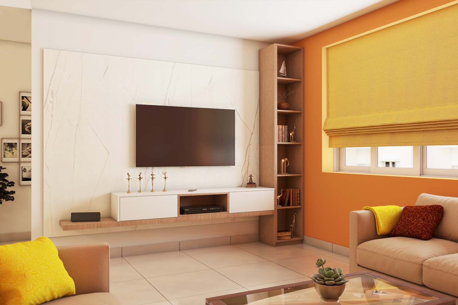 Contemporary TV Unit Design With Marble Wall Panel And Wooden Open Shelf