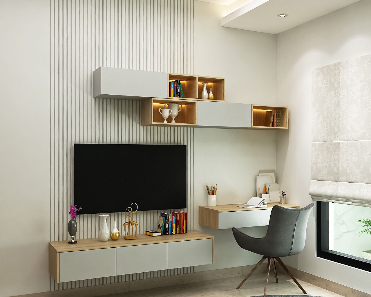 Compact TV Unit Design With Adjacent Study Livspace