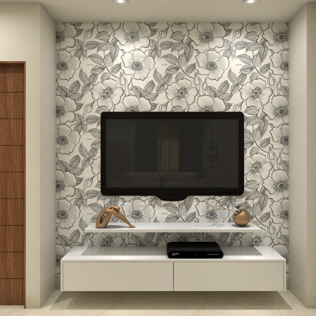 Modern Compact TV Unit Design With Floral Wallpaper