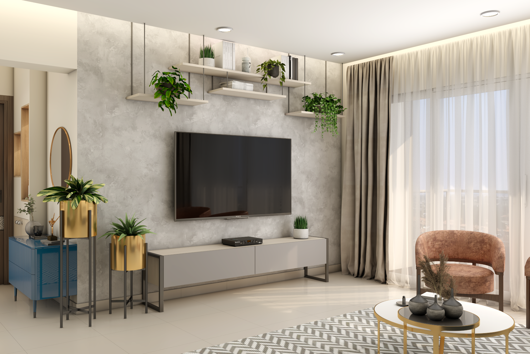 Modern TV Unit Design With Grey Console Unit And Hanging Plants