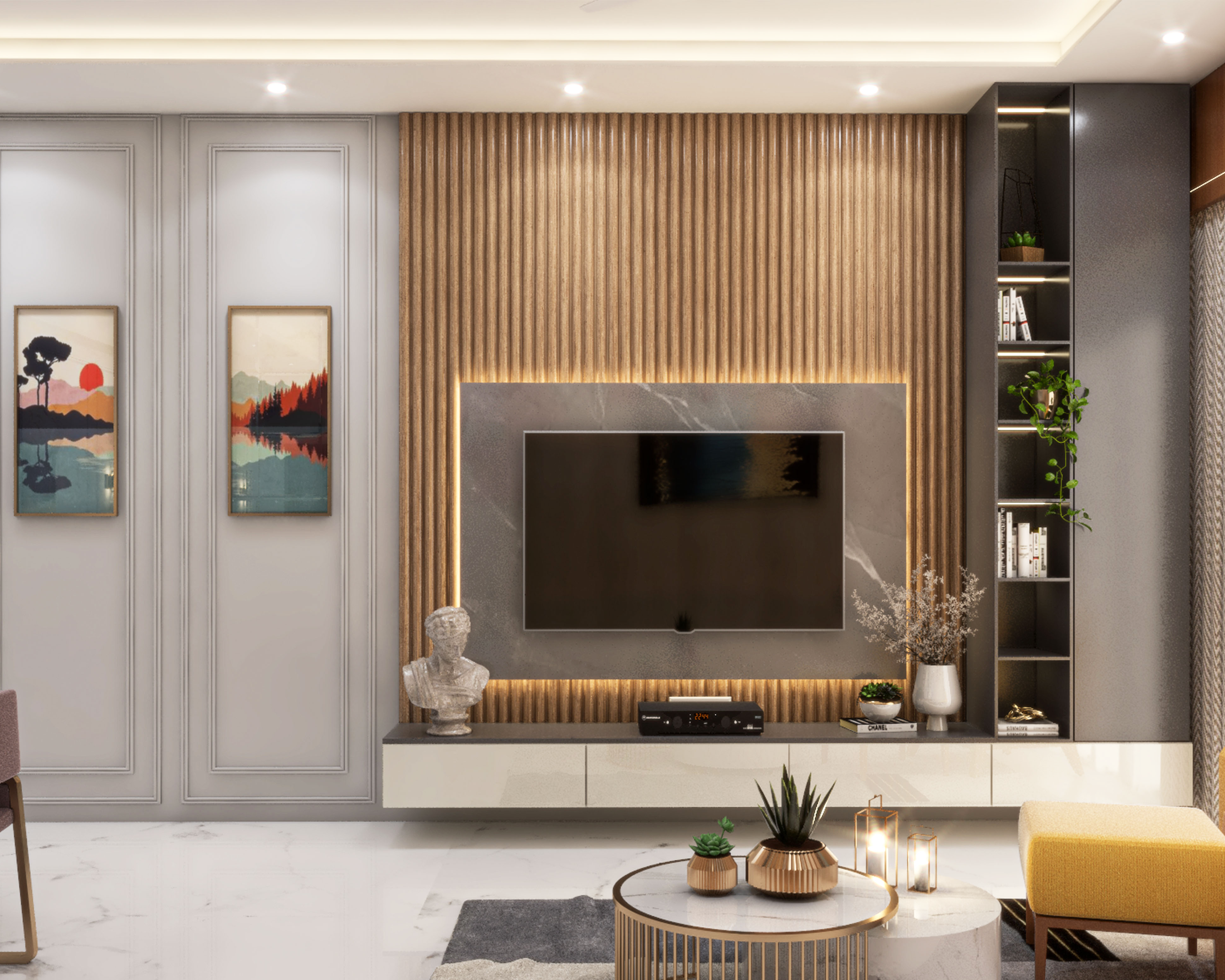 Modern TV Unit Design With Wooden Panels