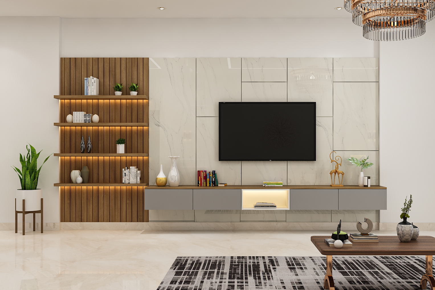 Modern Grey And Wood TV Unit Design With Open Storage