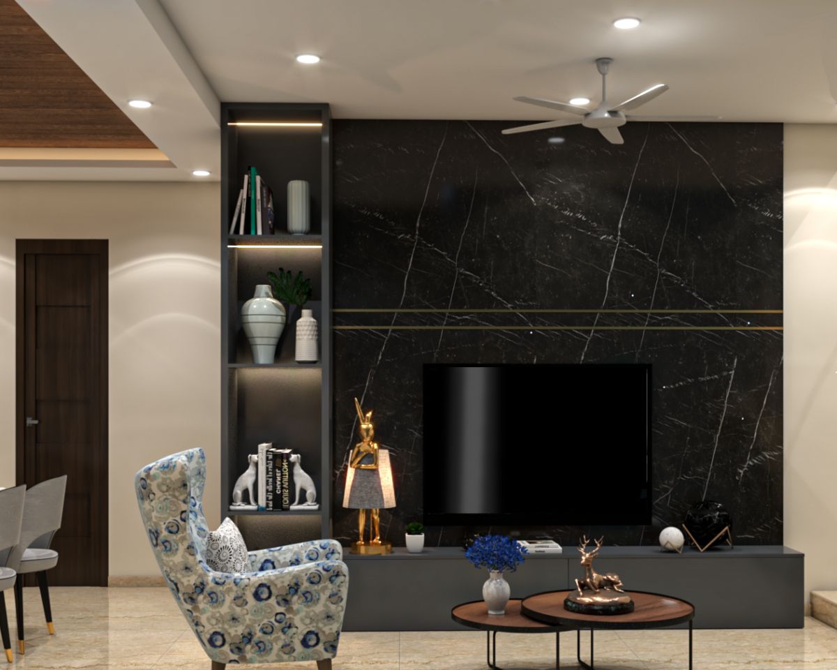 Spacious TV Unit Design With Black Marble Wall Panel | Livspace