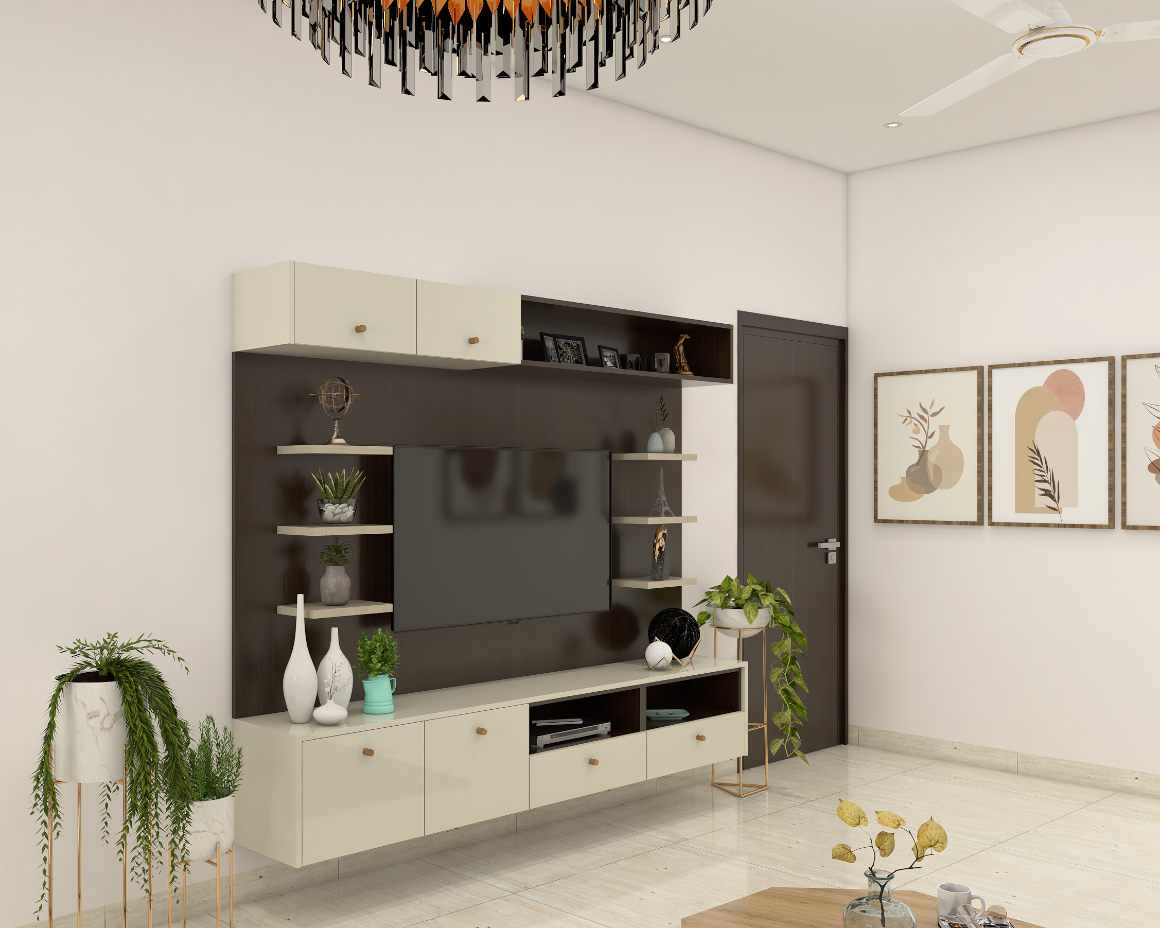 Spacious Modern Style TV Unit Design In Beige And Wood