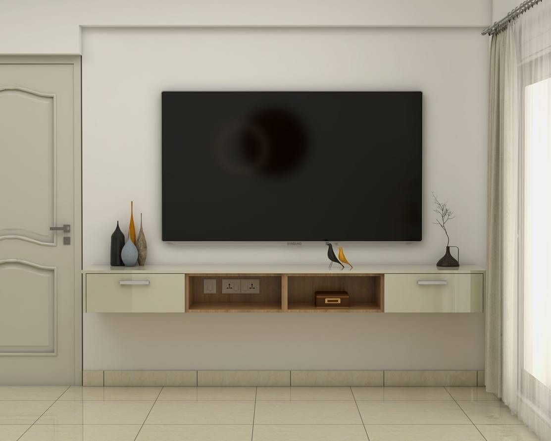 Simple Creamy White TV Unit with Open and Closed Ledges