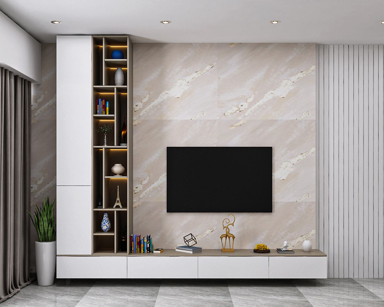 Modern TV Unit Design With Open Shelf And Textured Wallpaper