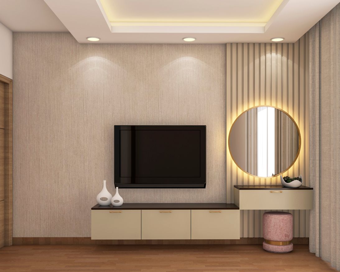 Compact Convenient Modern TV Unit Design With Circular Golden Mirror