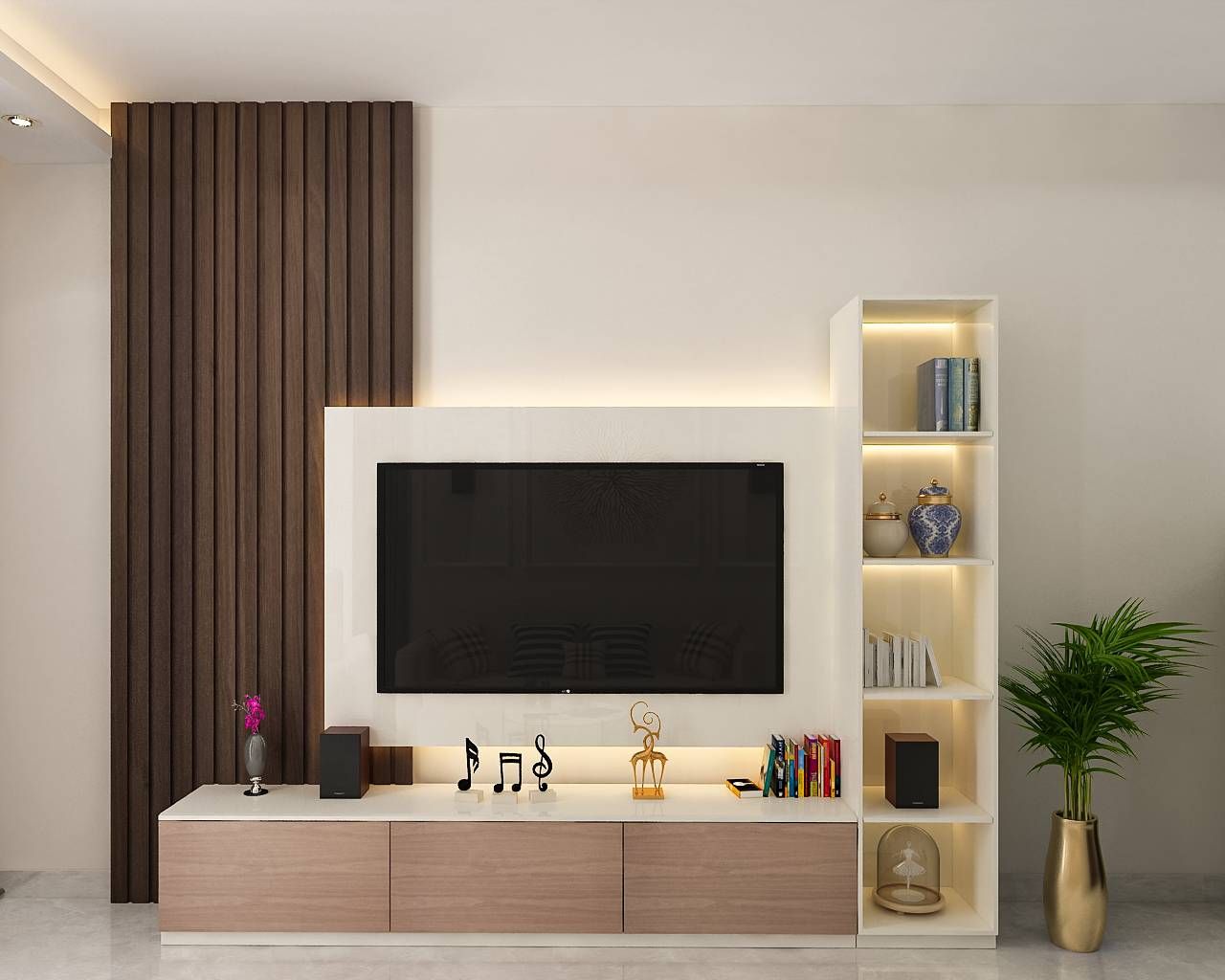 Compact TV Unit Design With Wooden Back Panel | Livspace