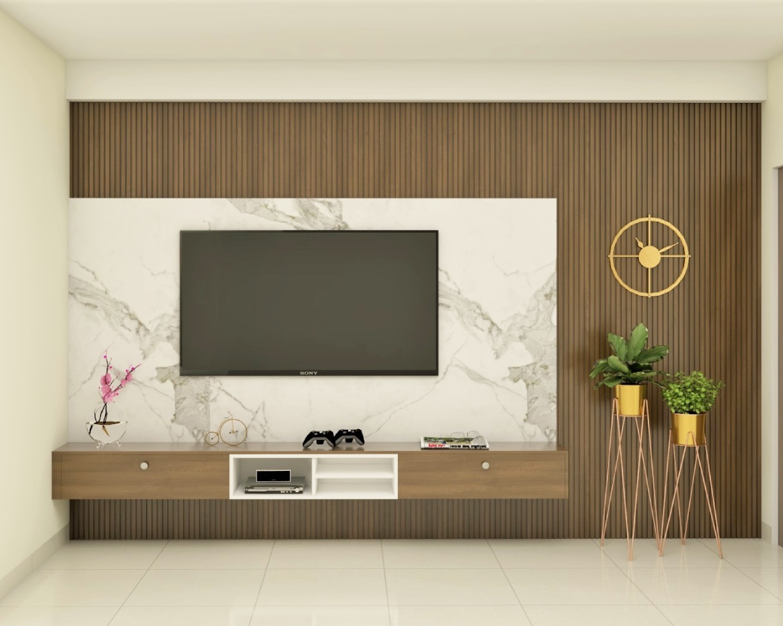 Spacious Modern Style TV Unit With Wooden Panels Livspace