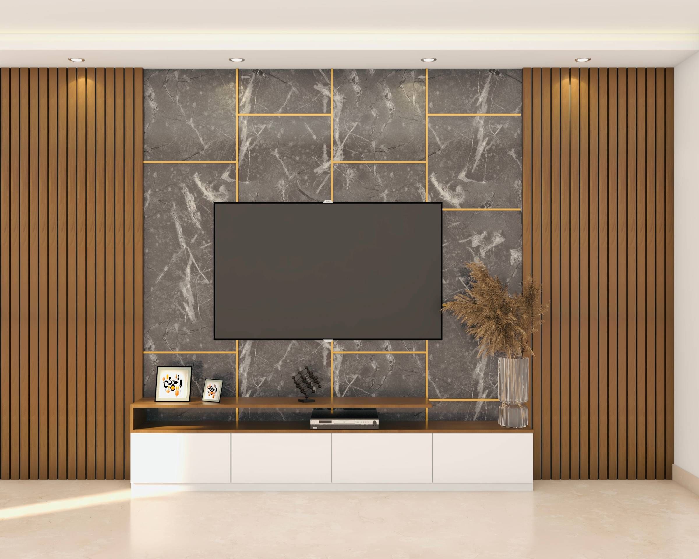 Contemporary TV Unit Design With Fluted Panels And Black Marble 