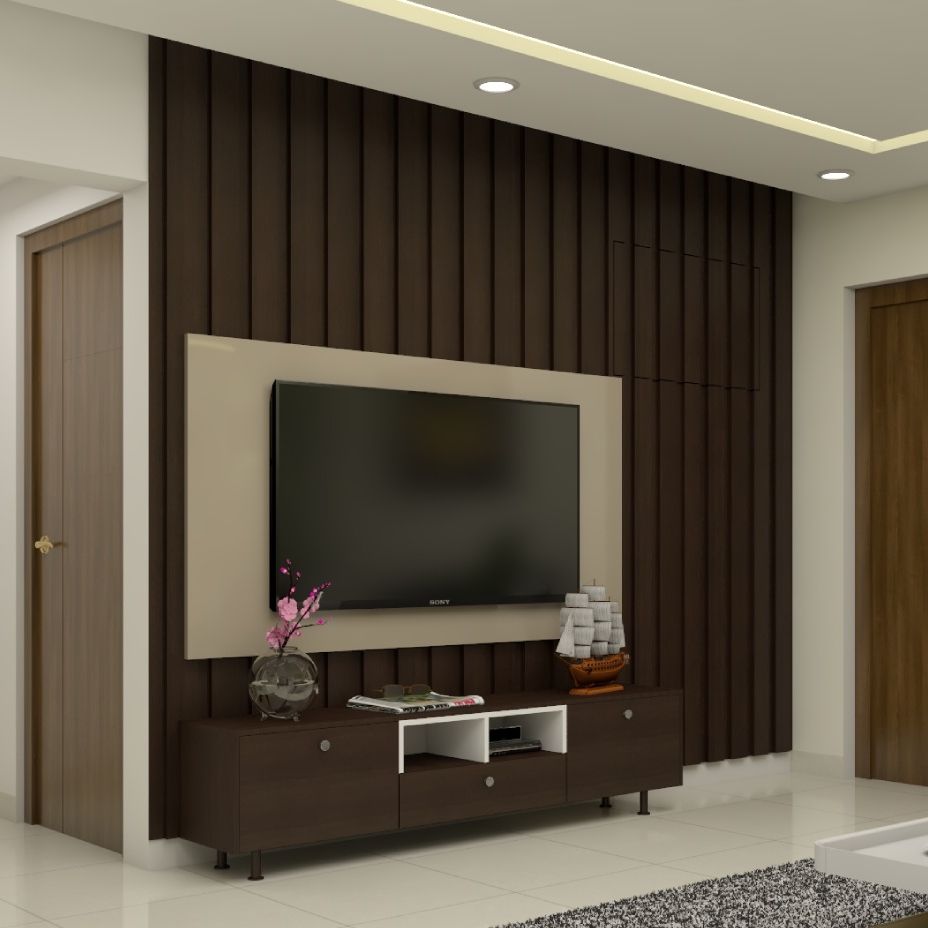 Compact Sized TV Unit Design With Wooden Fluted Panels