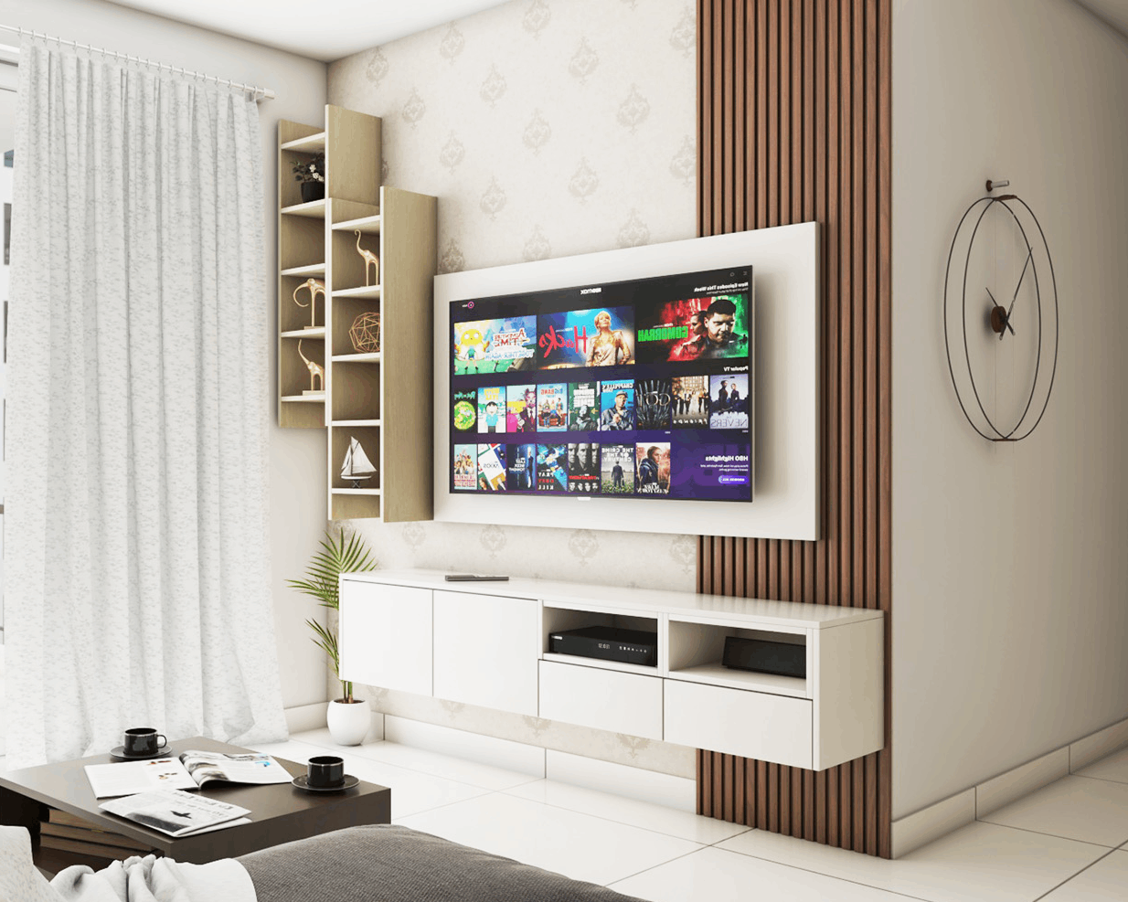Modern Wall-Mounted TV Unit Design With Open Shelves