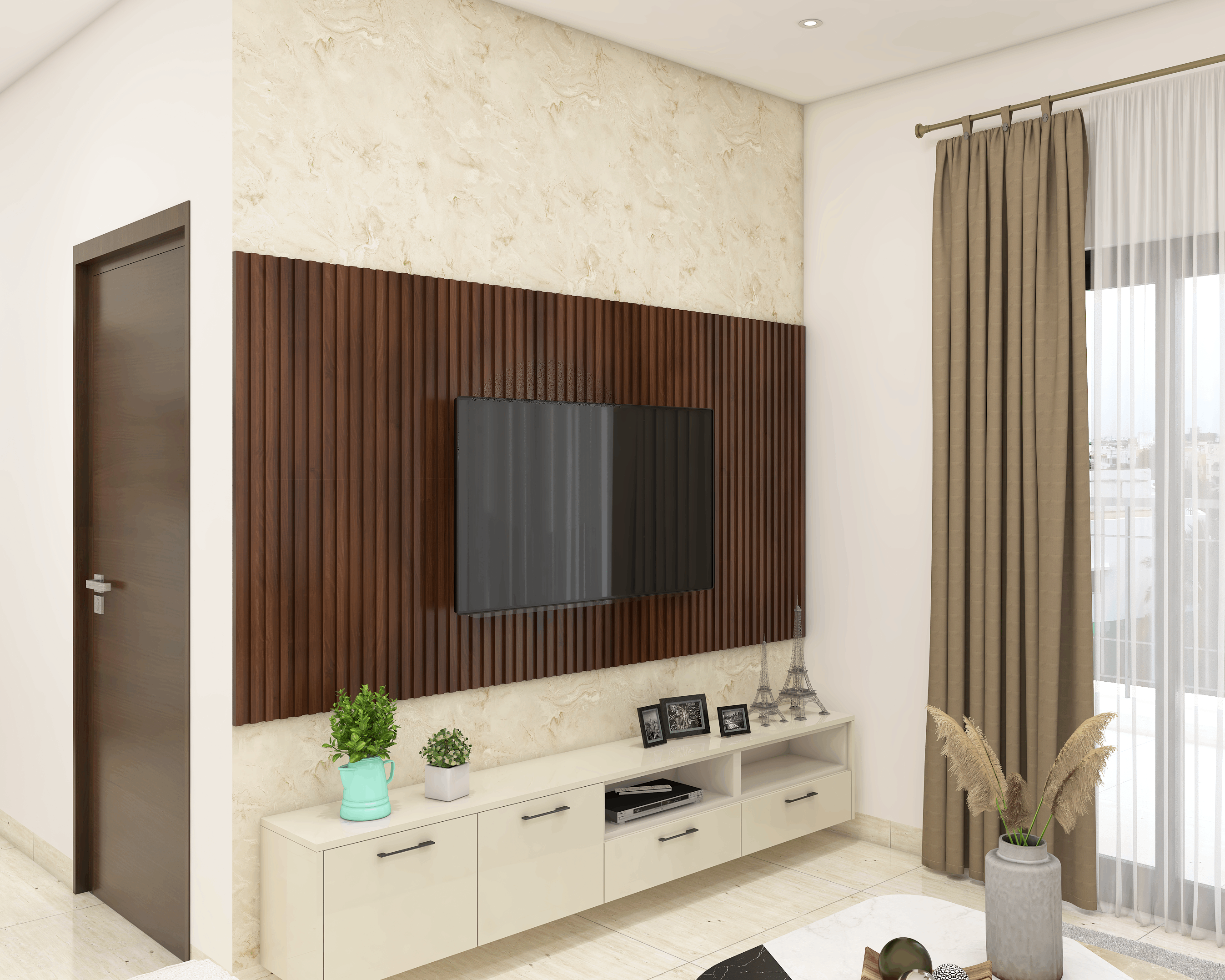 Contemporary Style Spacious TV Unit With Wooden Panels