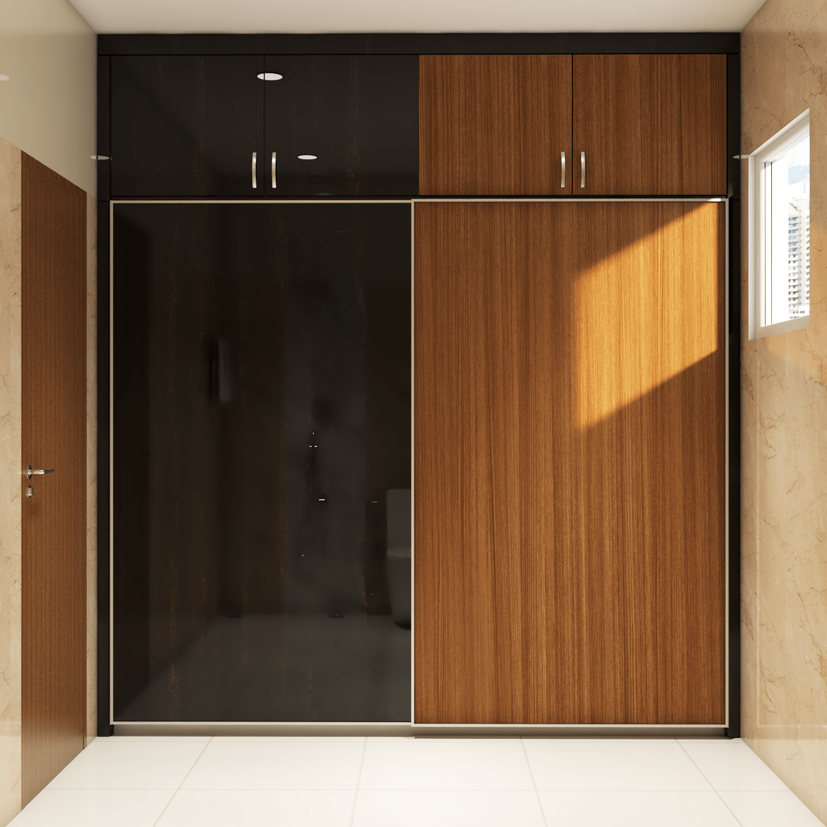 Spacious Sliding Wardrobe Design With Black And Wood Laminate | Livspace