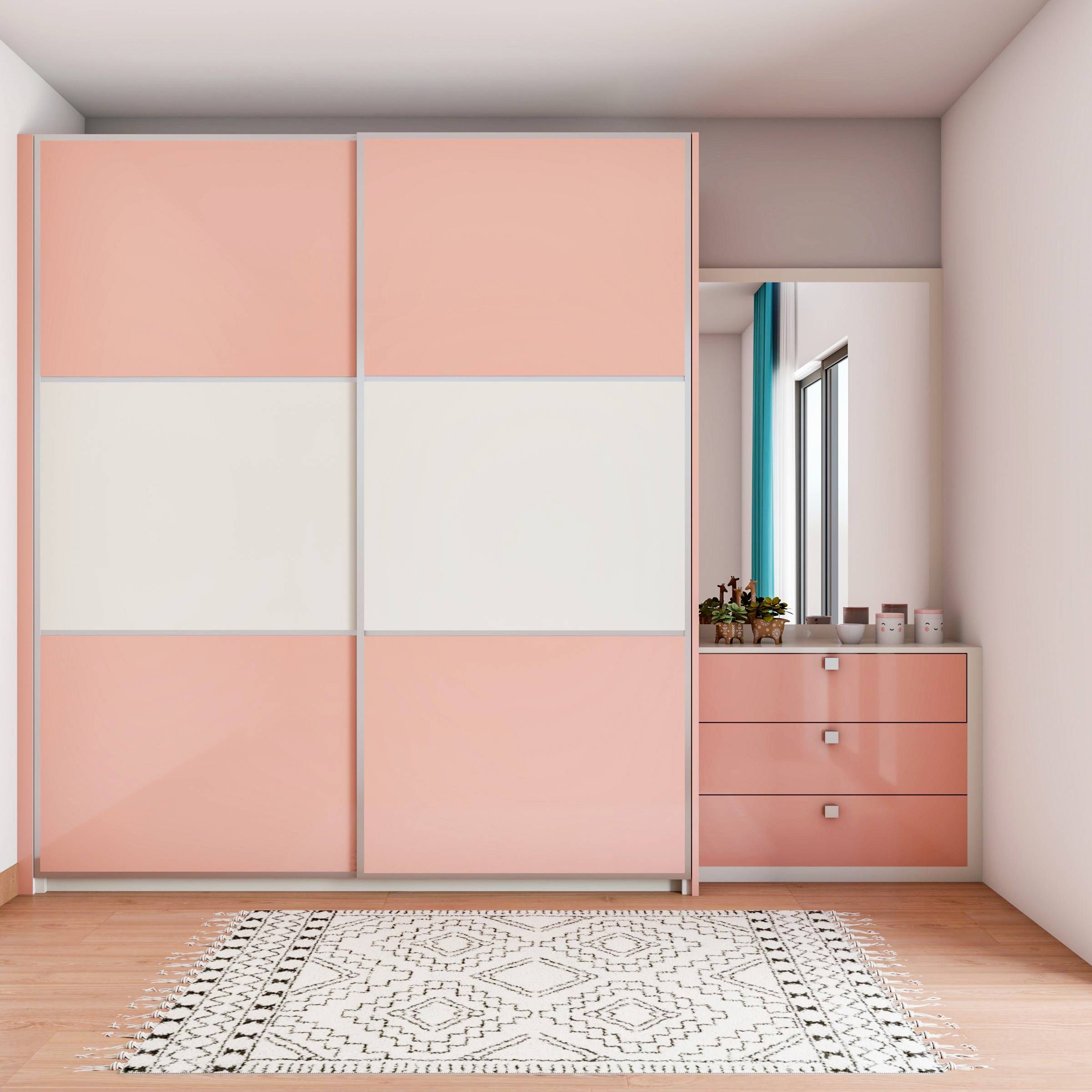 Contemporary Compact Pastel Pink  And White Wardrobe Design