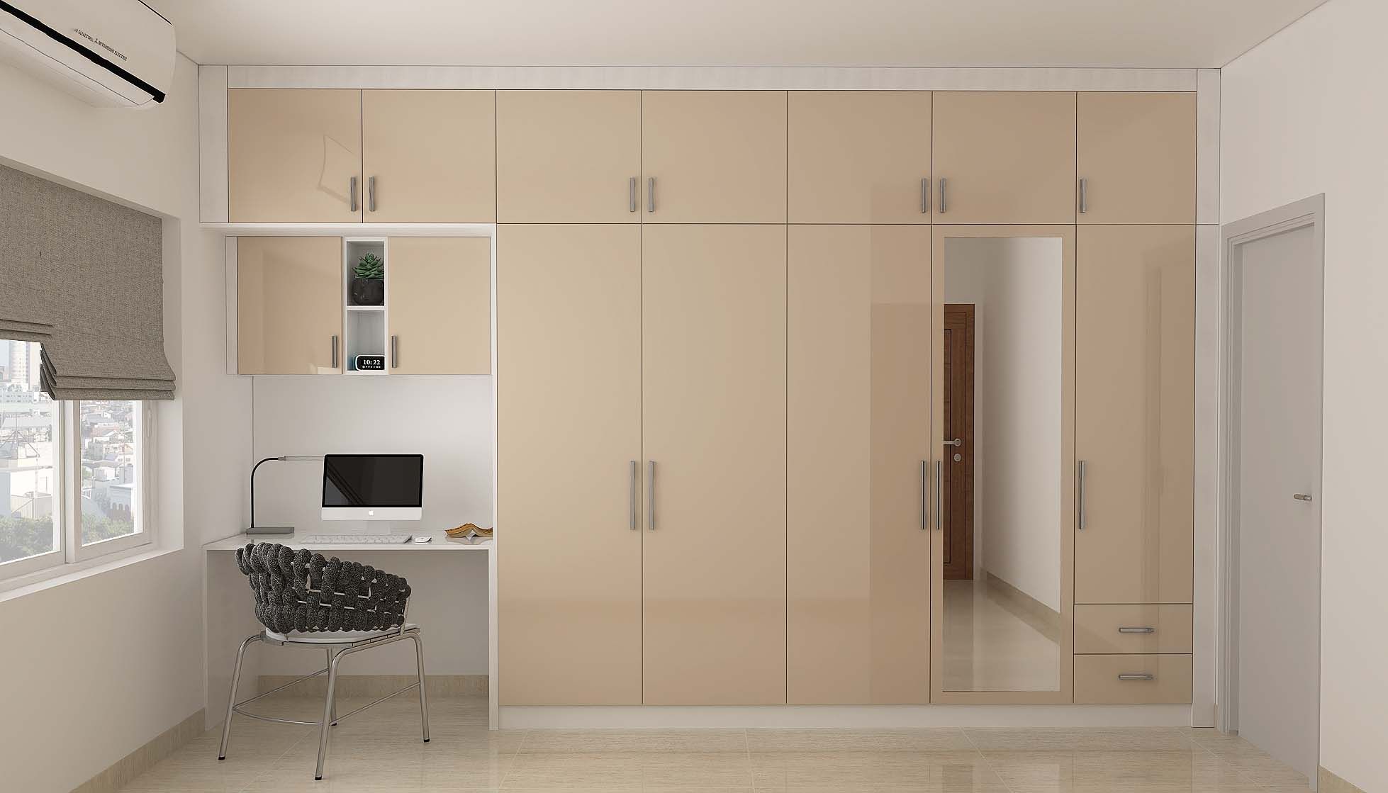 Contemporary Glossy Pastel-Shaded Wardrobe Design With Mirror