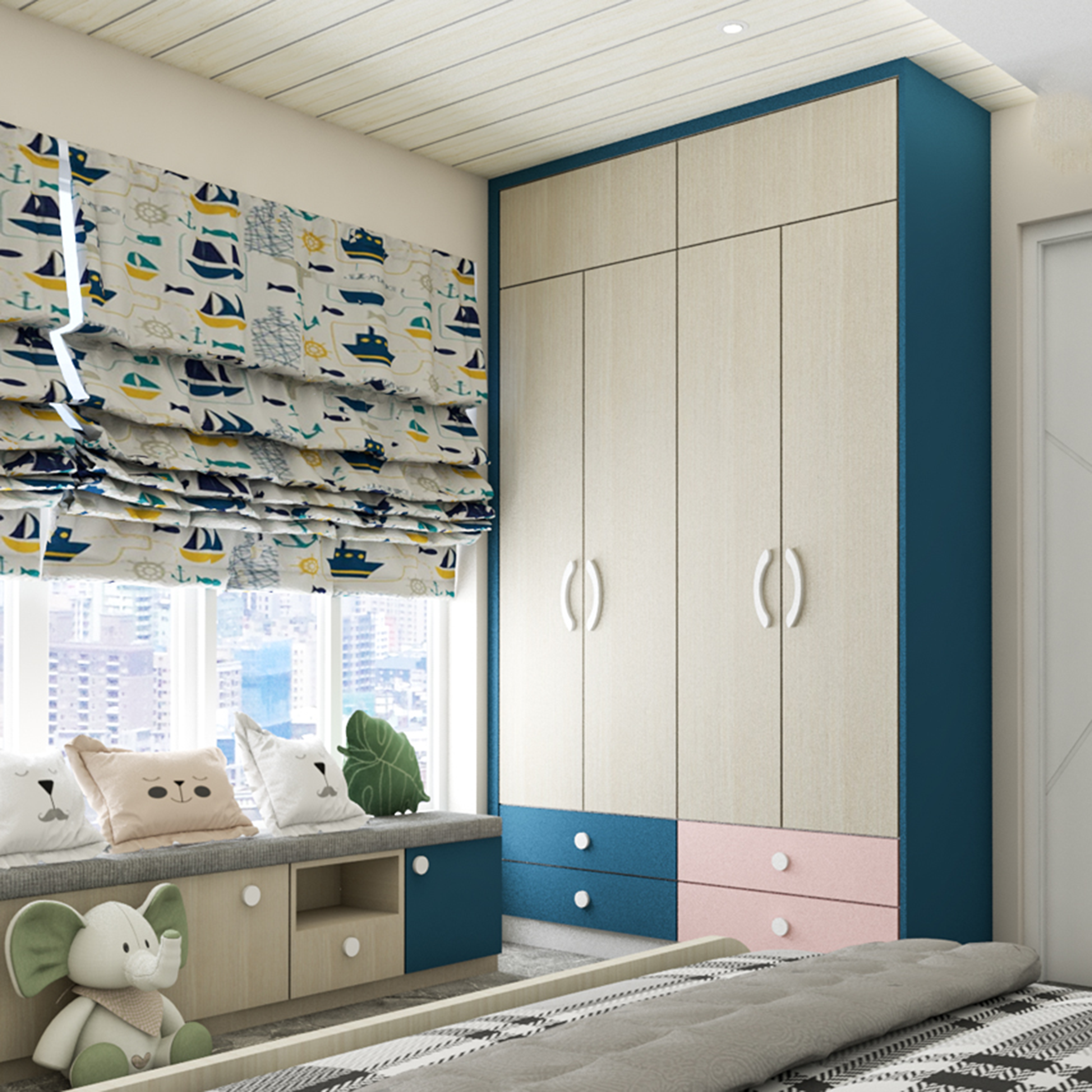 Modern Light Brown 4-Door Swing Wardrobe Design With Pink And Teal Drawers