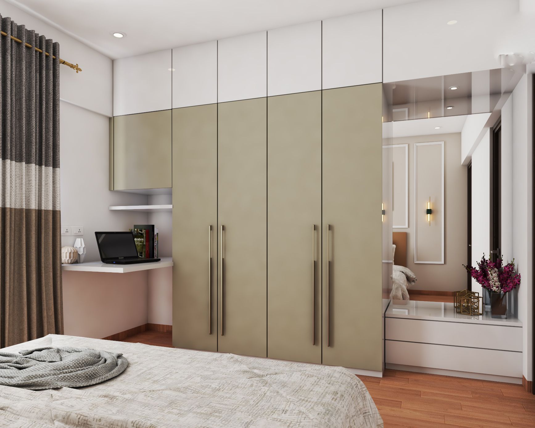 Contemporary Wardrobe Design With Attached Study And Mirror Livspace